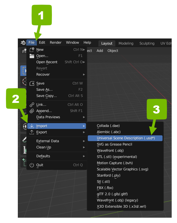 Numbered instructions for importing USD from file menu