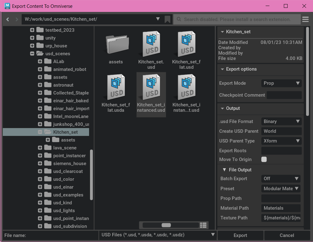 The three-column Export window. The left-hand column shows bookmarks, Nucleus servers, and local drives and folders.  The middle column shows the currently chosen folders contents.  Export options are on the right-hand side.  Along the bottom is an entry field for the file name, a dropdown allowing the user to choose the file extension, and buttons to Export or Cancel.