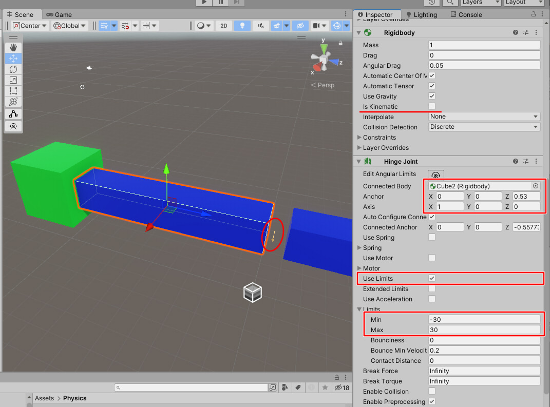 Specify to disable Kinematic to RigidBody, Specifying HingeJoint.