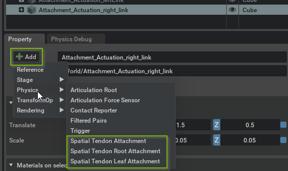 Spatial Tendon Axis Add Menu