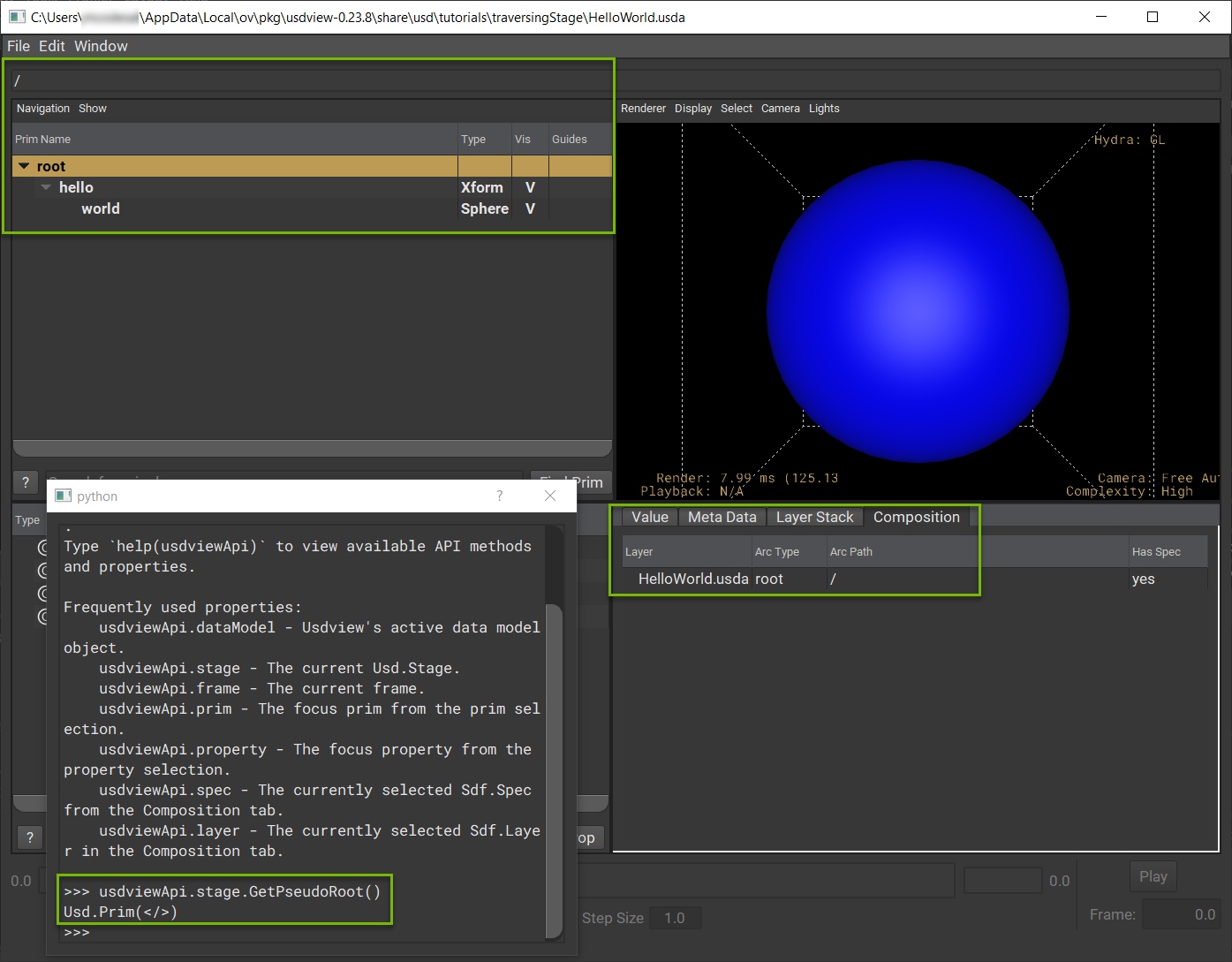 Stage hierarchy with pseudo-root Prim in usdview