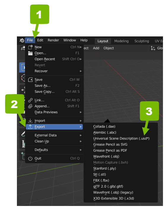 Numbered instructions for exporting USD from file menu