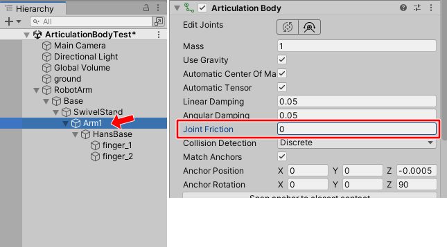 Set "Joint Friction" of "Arm1".