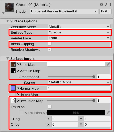 URP material parameters.