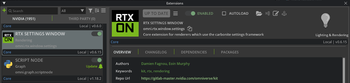 The RTX Settings Window extension