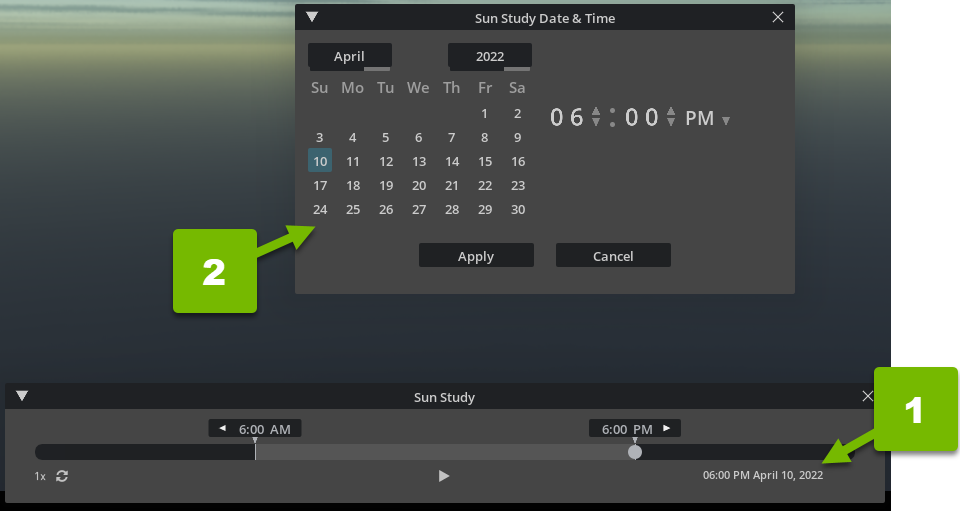 Numbered arrows for accessing the Sun Study Date & Time panel