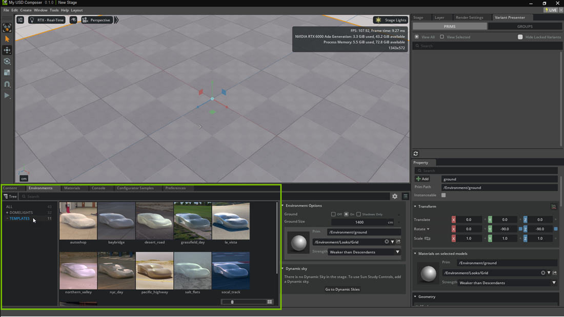 Environment templates in the UI.