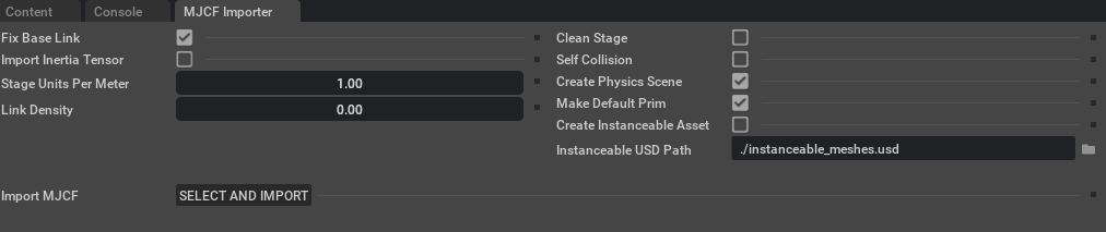 User interface for MJCF Importer