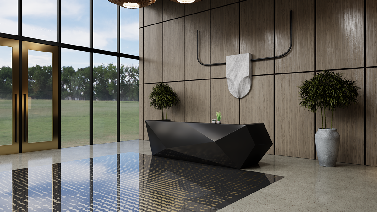 Rendered still of lobby project