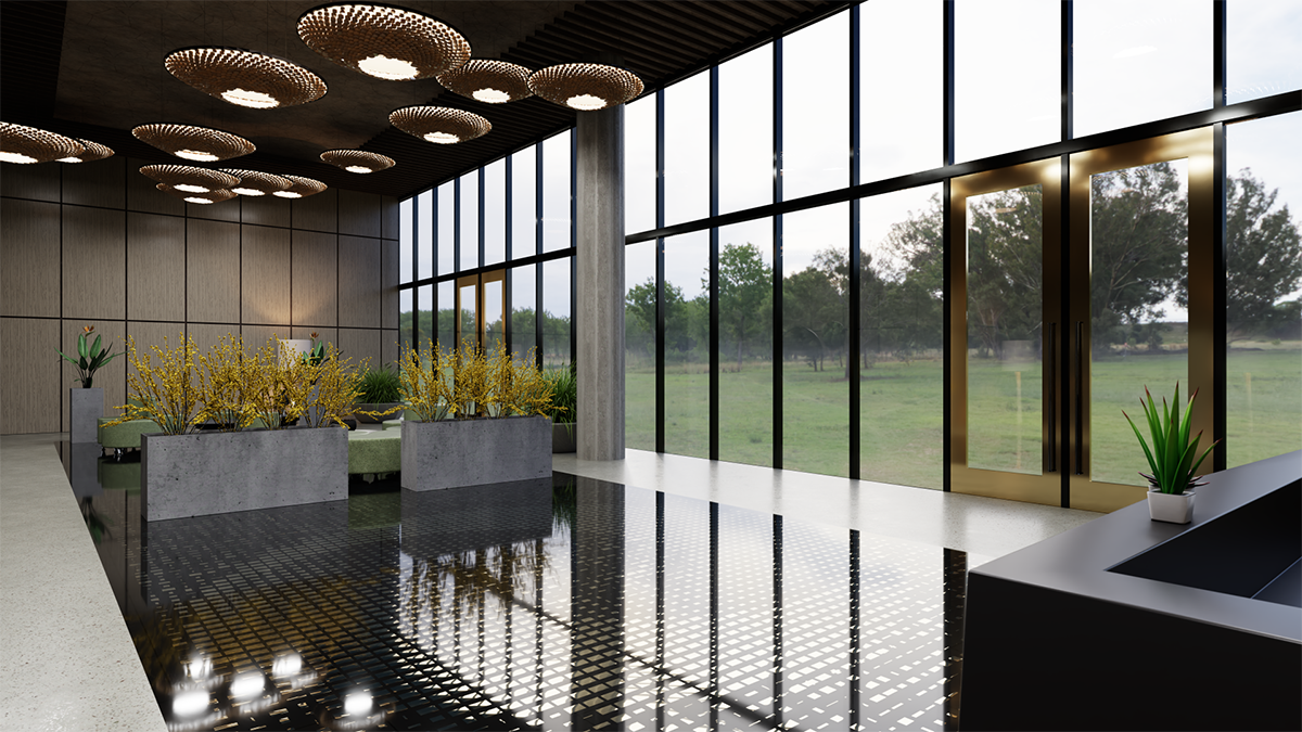 Rendered still of lobby project